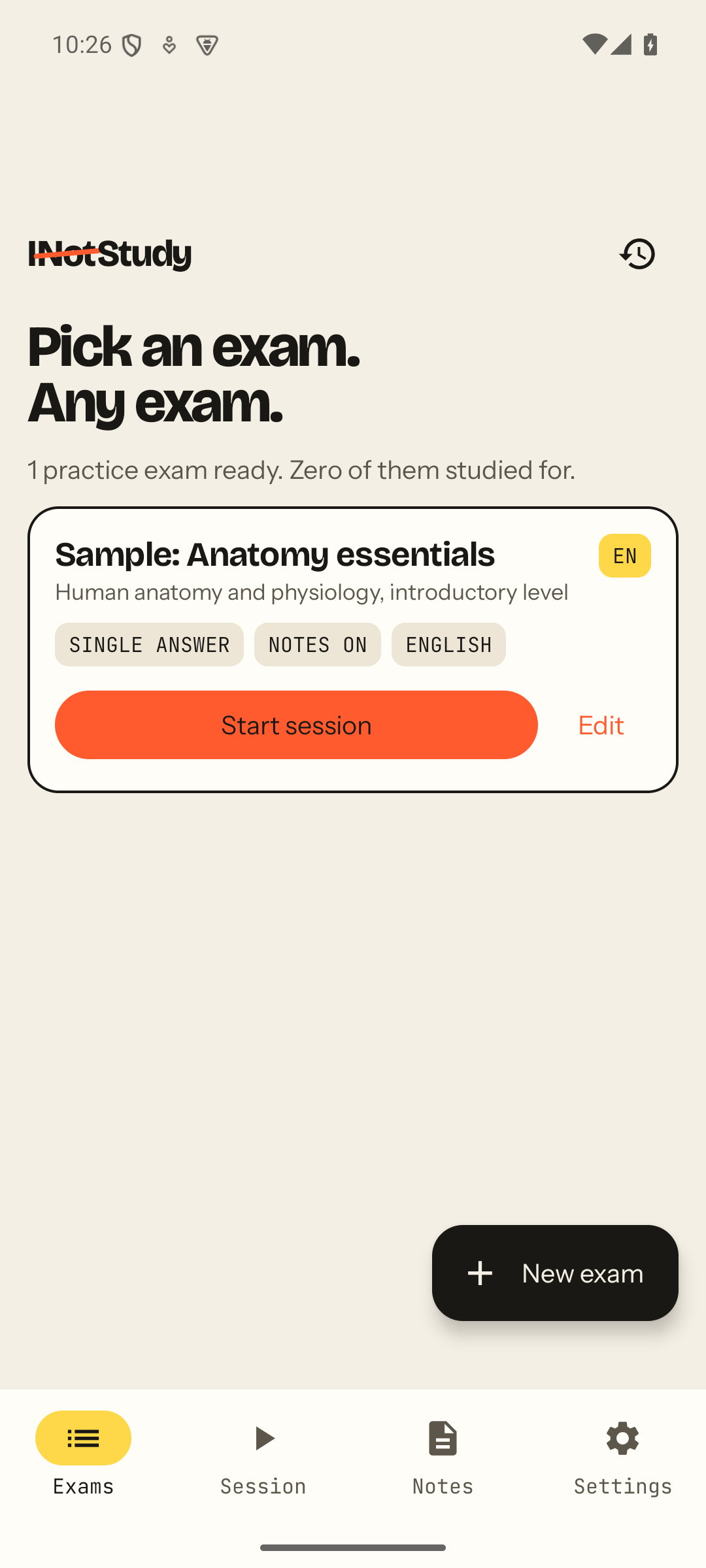 The Exams tab with the sample exam ready to start
